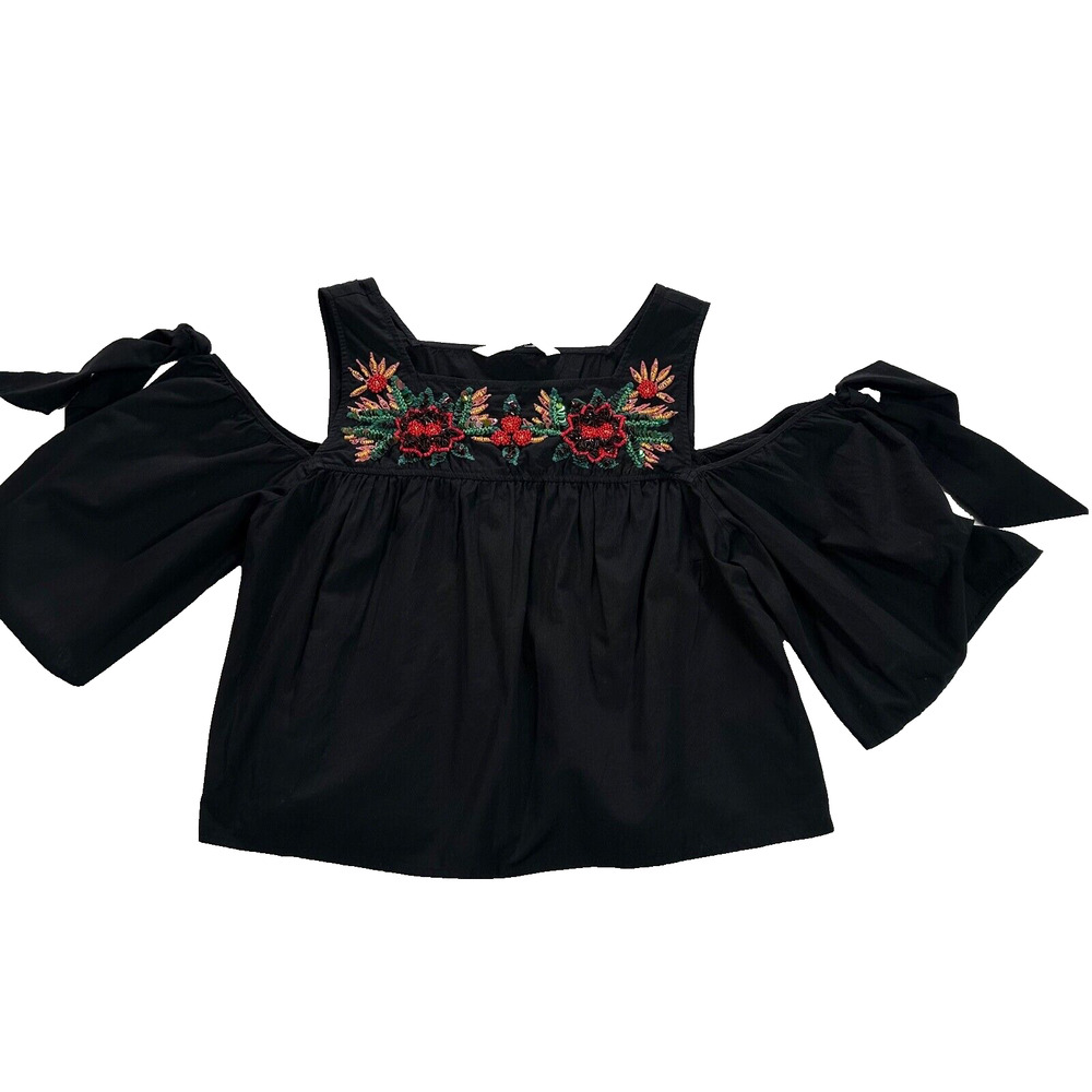 Zara Women's Large Black Flower Sequin Beaded Cold Shoulder Tie Sleeve Boho Top